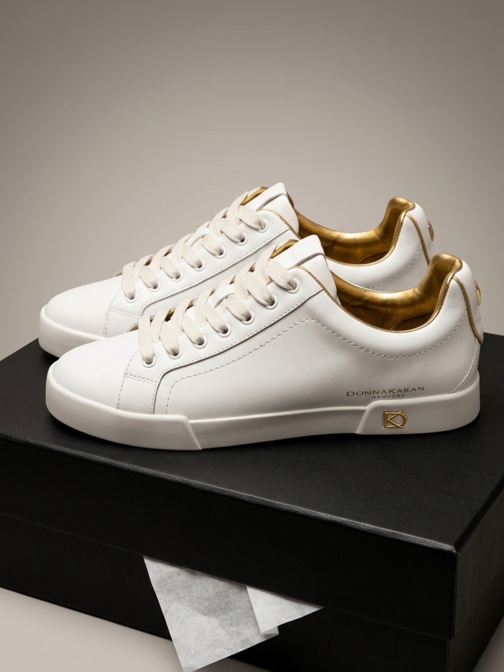 Donna Karan White Leather Sneakers with Gold Interior Trim